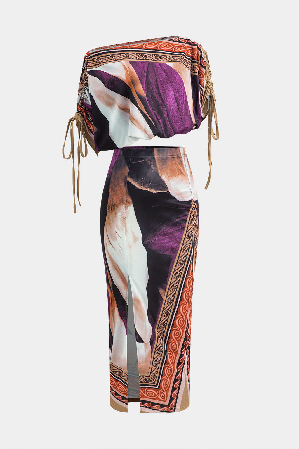 Soyut Çiçek Desenli Uzun Kollu Üst ve Midi Etek Takımı