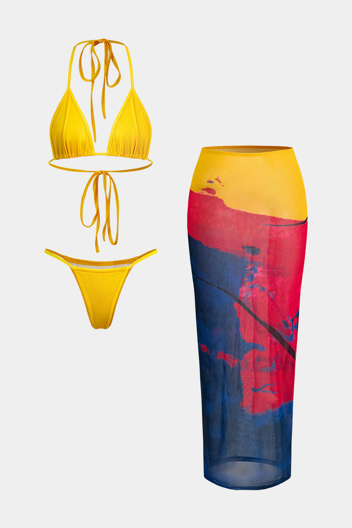 Halter Yaka Bikini ve Mayo Eteği Pareo Takımı