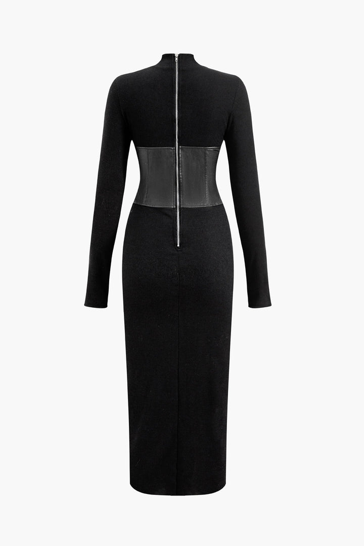 Katı Deri Patchwork Midi Elbise