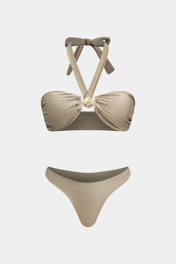 Metalik Büzgülü Bağlamalı Bikini Takımı