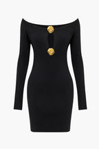 Katı Kapalı Omuz Düğmesi Yuvarlak Yaka Kesilmiş Mini Elbise