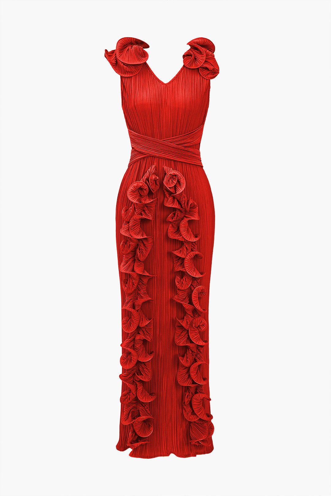 3D Çiçekli V Yaka Midi Elbise