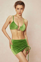 Kadife Dokulu U Yüzük Bikini ve Mayo Eteği Pareo 3 Parça Takım