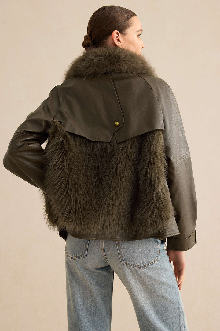 Deri Kürk Düğmeli Patchwork Mont