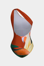 Yaprak Desenli Büzgülü Tek Omuzlu Sırt Dekolteli Karın Toparlayıcı Tek Parça Mayo