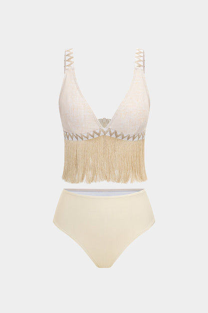 Desenli Tüy Detaylı İki Parça Bikini Takımı