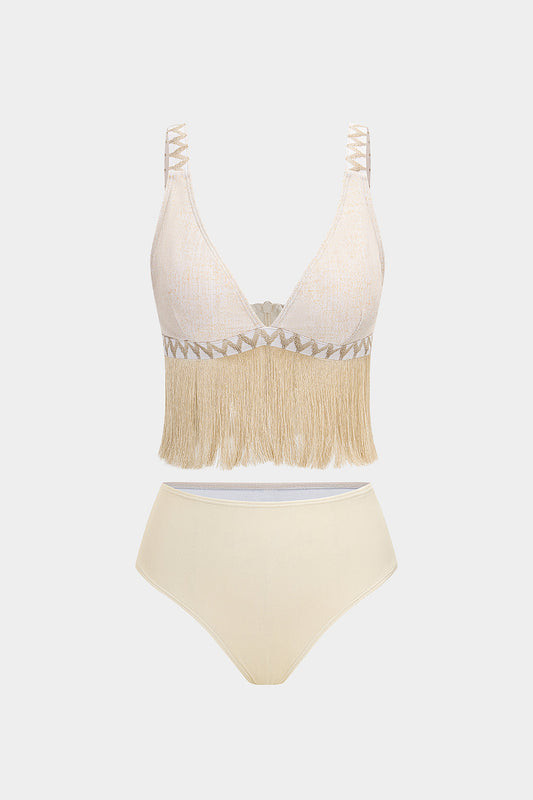 Desenli Tüy Detaylı İki Parça Bikini Takımı