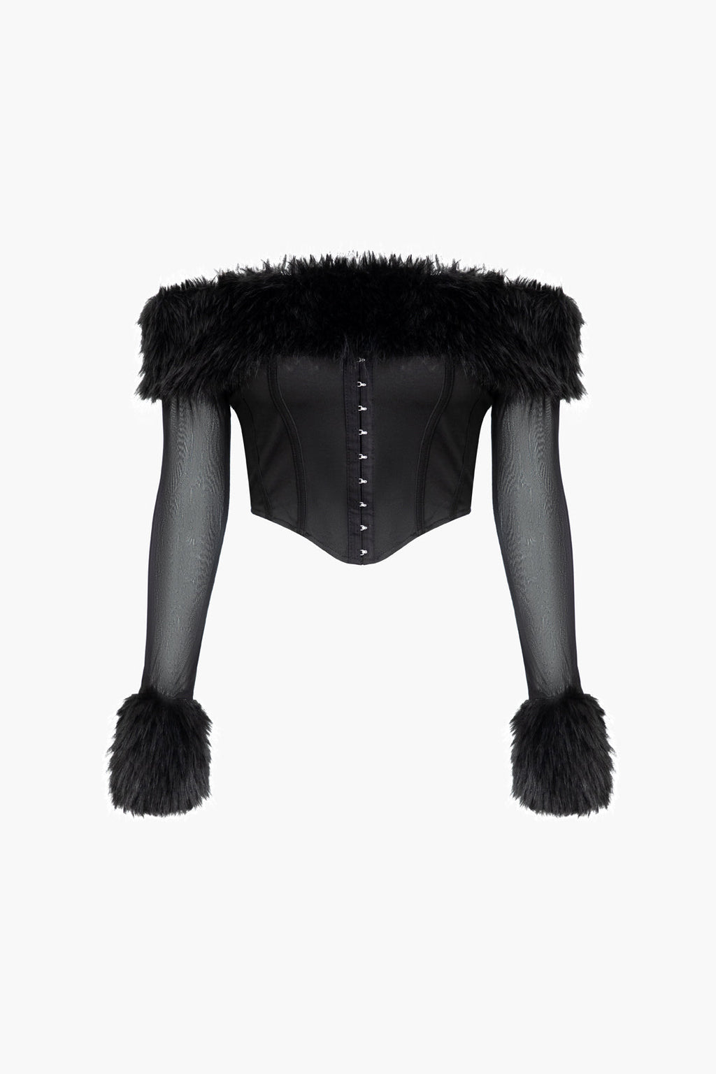 Kürk Detaylı Düşük Omuz Korse Crop Top