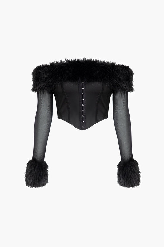 Kürk Detaylı Düşük Omuz Korse Crop Top