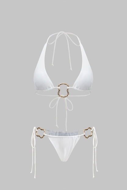 Metalik Dekorlu Büzgülü Bağlamalı Sırtı Açık Bikini Takımı