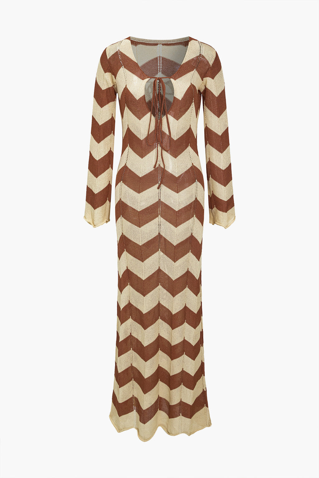 Renk Bloklu Desenli Örgü Kesilmiş Bağlamalı maksi Elbise