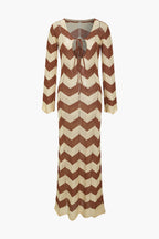 Renk Bloklu Desenli Örgü Kesilmiş Bağlamalı maksi Elbise