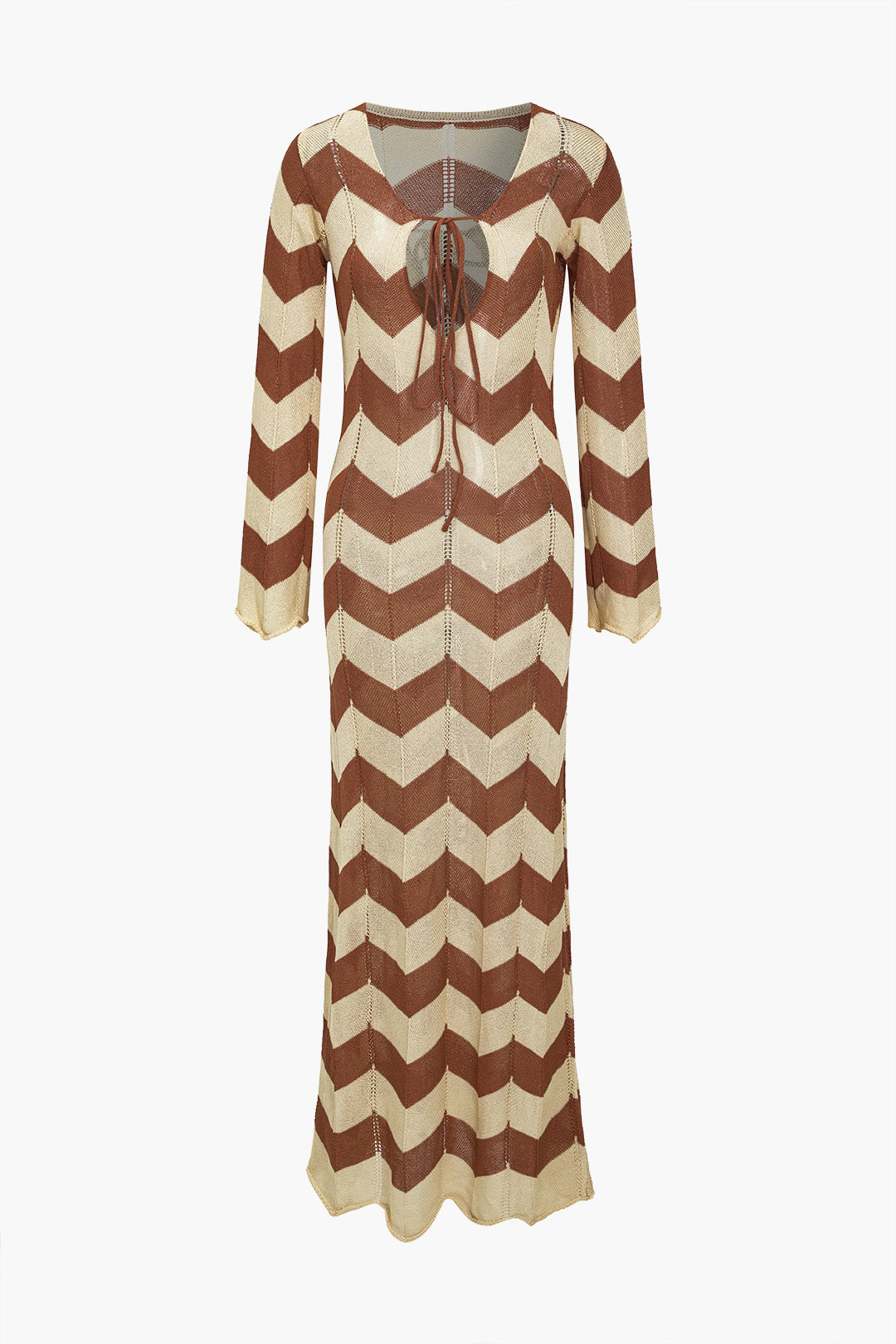 Renk Bloklu Desenli Örgü Kesilmiş Bağlamalı maksi Elbise
