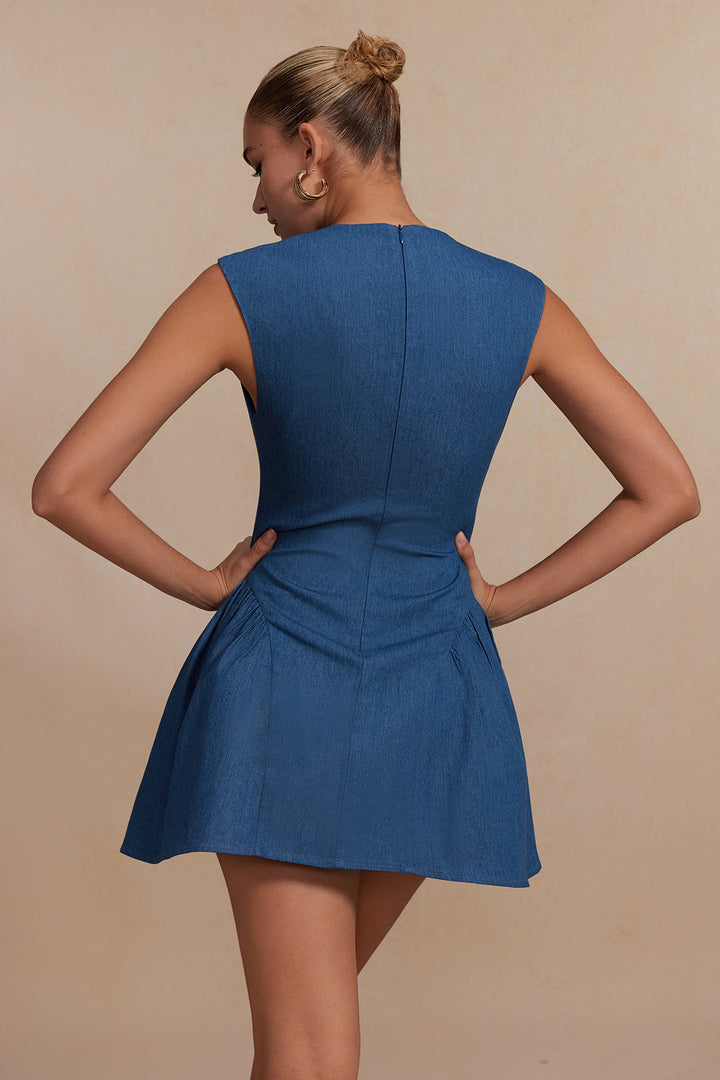 Düz Dantelli V Yaka Denim Elbise