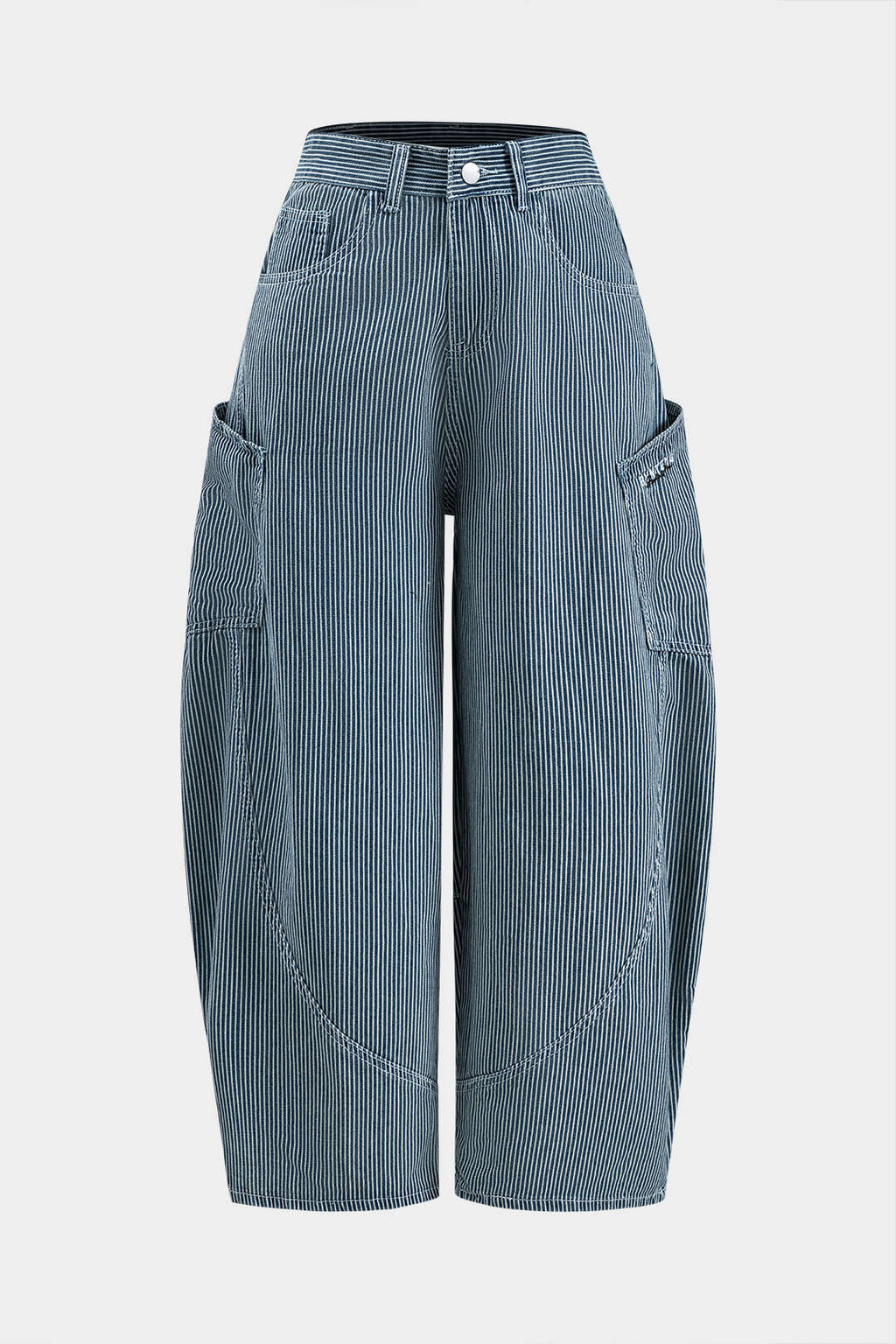 Harf Nakışlı Denim Çizgili Düğmeli Cep Detaylı Geniş Paça Pantolon