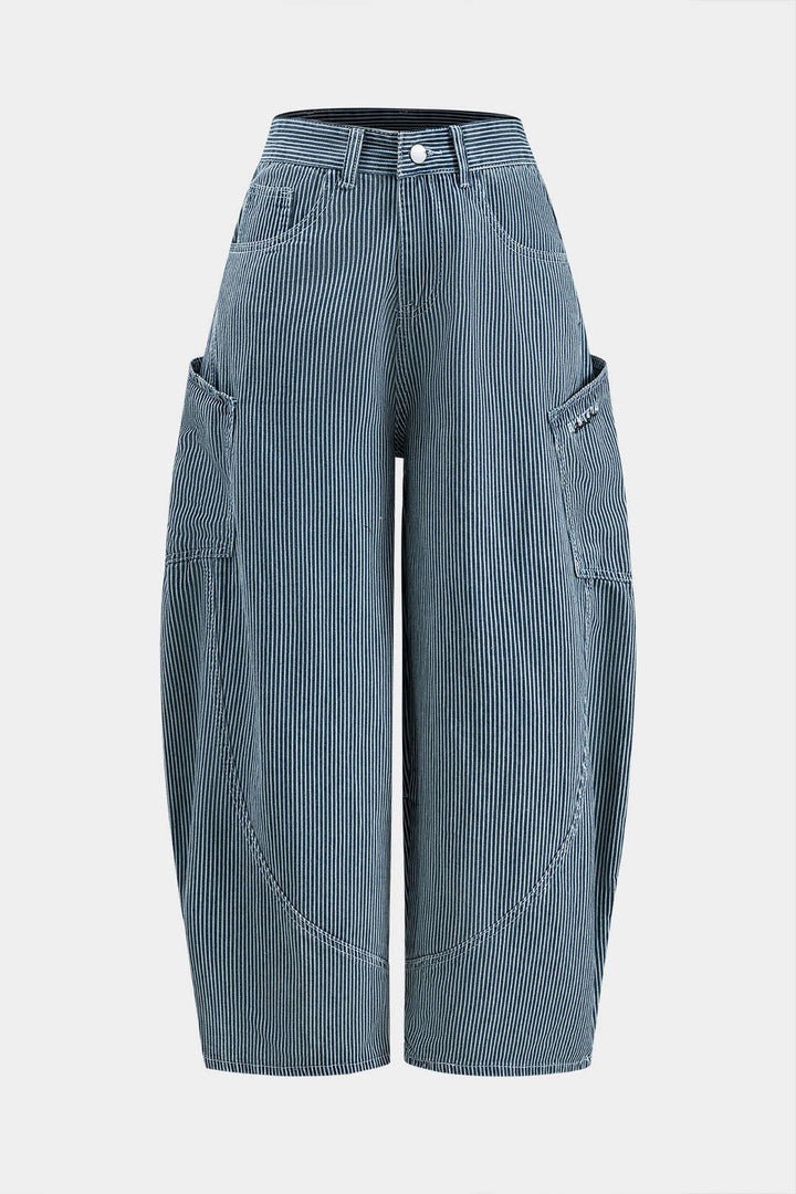 Harf Nakışlı Denim Çizgili Düğmeli Cep Detaylı Geniş Paça Pantolon