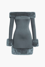 Kürk Detaylı Düşük Omuz Midi Elbise