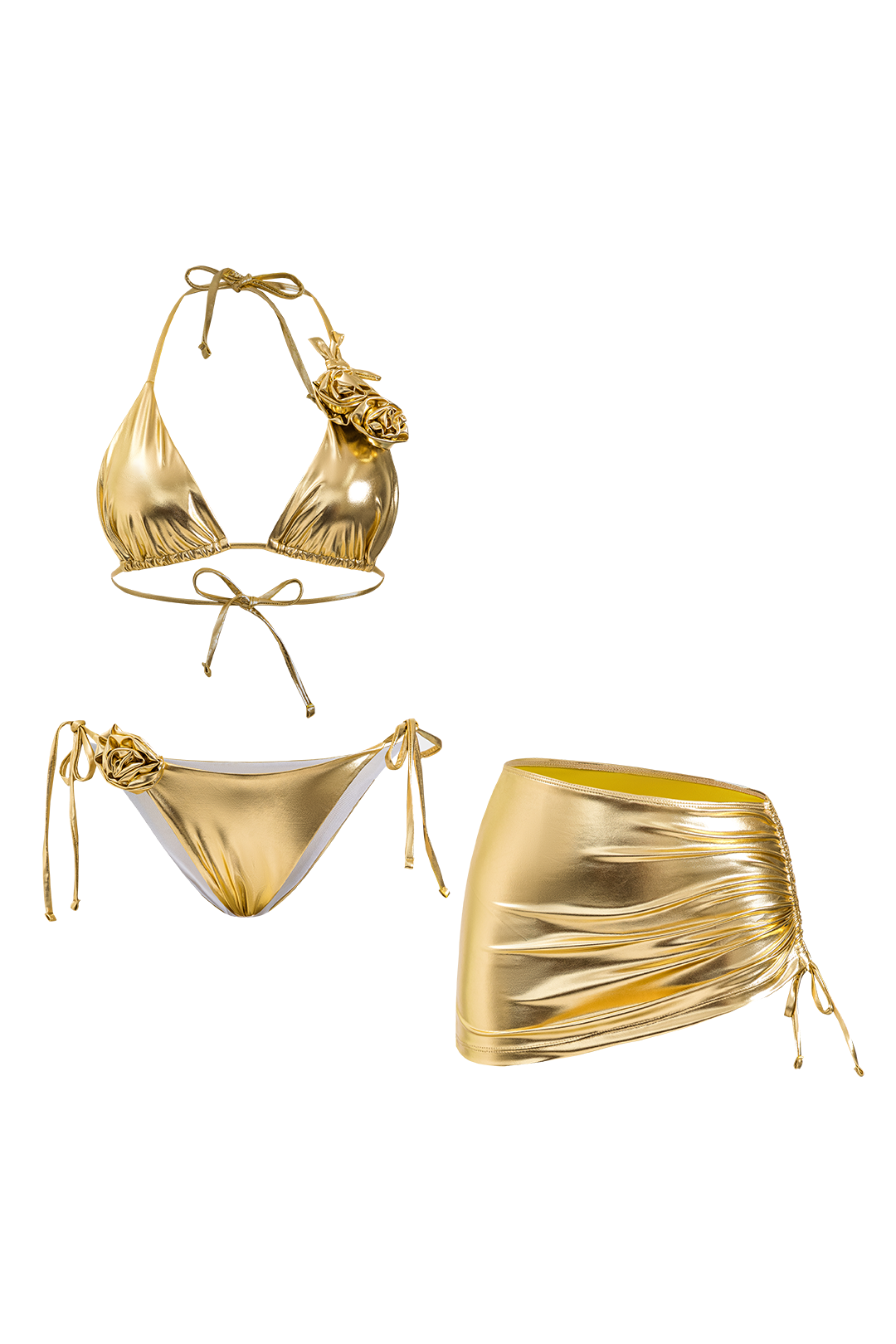 3D Çiçekli Bağlamalı Bikini ve Mayo Eteği Pareo Takım
