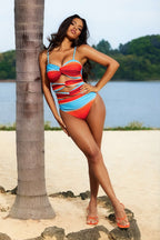 Ombre Desenli Kesik Detaylı Büzgülü Dönme Kırma Karın Toparlayıcı Tek Parça Mayo