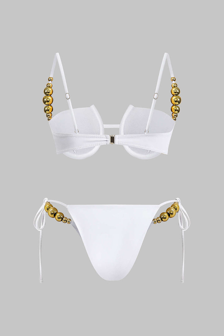 Boncuk Detaylı Büzgülü Düğme Bağlamalı Sırt Dekolteli Bikini Takımı