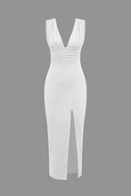 Düz Sırtı Açık Dantelli Yırtmaçlı Midi Elbise