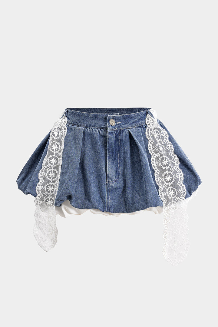 Denim Patchwork Kemerli Şort