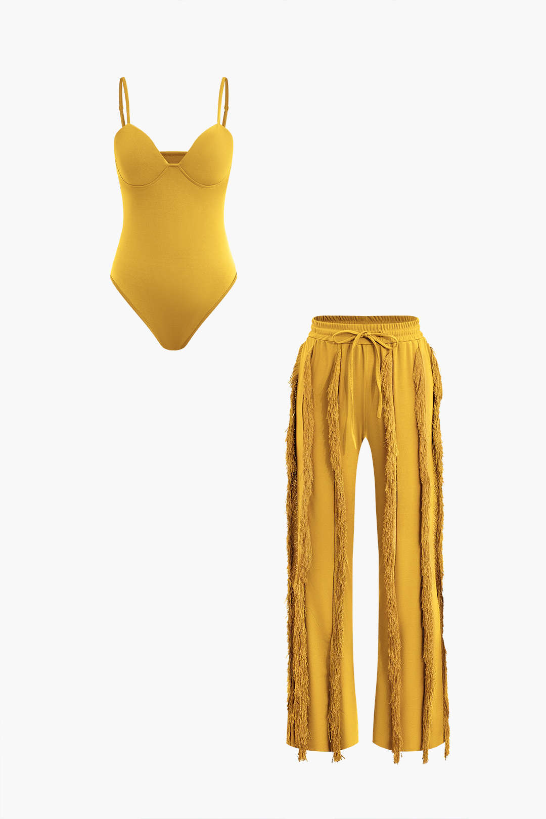 Büstiyer Askılı Bodysuit ve Geniş Paça Pantolon Seti