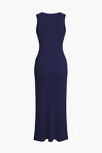 Önü Düğmeli Kolsuz Nervürlü Triko maksi Elbise