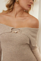 Katı Örgü Çan Kollu Düşük Omuz maksi Elbise