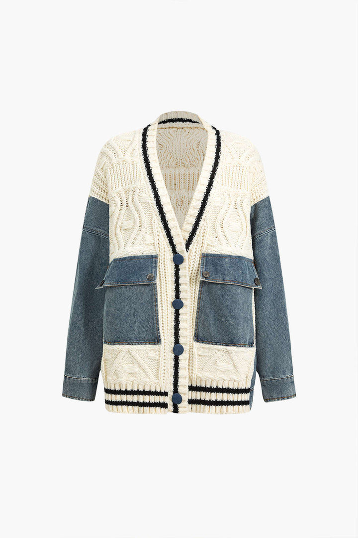 Düğmeli Patchwork Cep Kazak Hırka