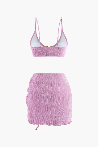 Kadife Dokulu U Yüzük Bikini ve Mayo Eteği Pareo 3 Parça Takım