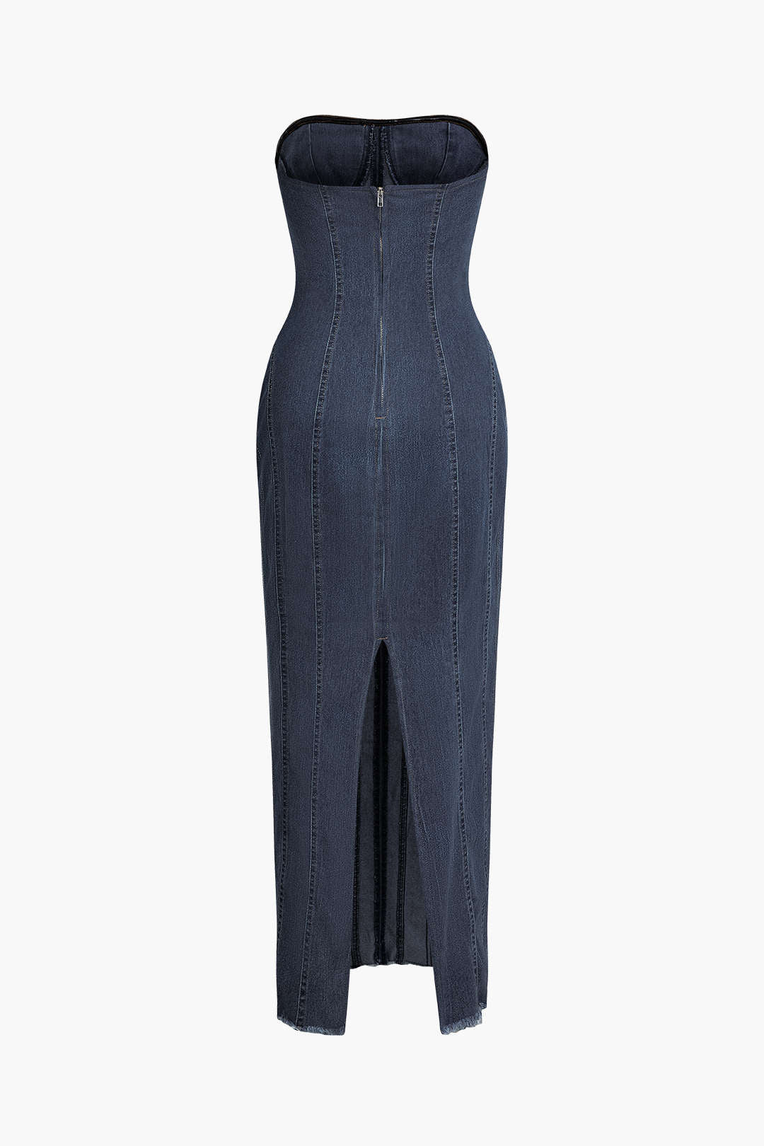 Dikiş Detaylı Fermuar Yırtmaçlı Denim Straplez maksi Elbise