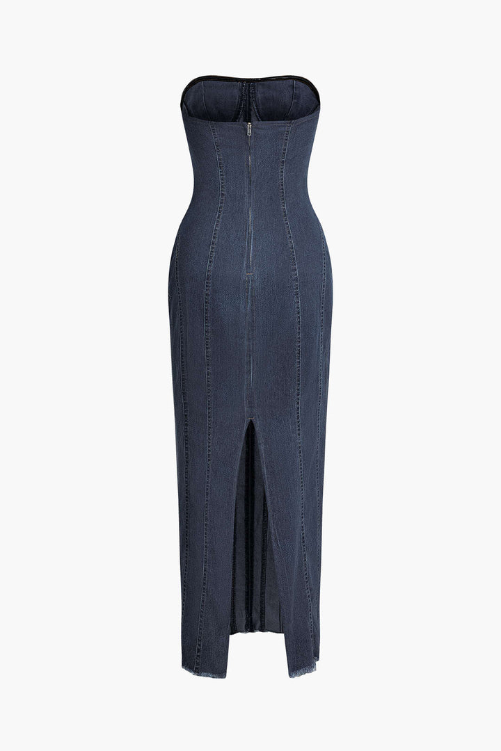 Dikiş Detaylı Fermuar Yırtmaçlı Denim Straplez maksi Elbise