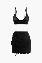 Kadife Dokulu U Yüzük Bikini ve Mayo Eteği Pareo 3 Parça Takım