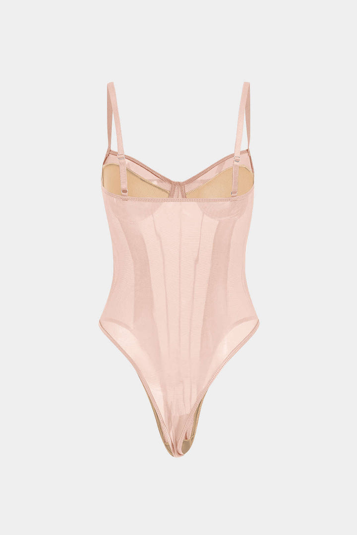 Ağ Detaylı Sırt Açık Şeffaf Patchwork Korseli Askılı Bodysuit