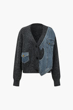 Patchwork Denim Örgü Renkli Blok Düğmeli Asimetrik Cepli Hırka