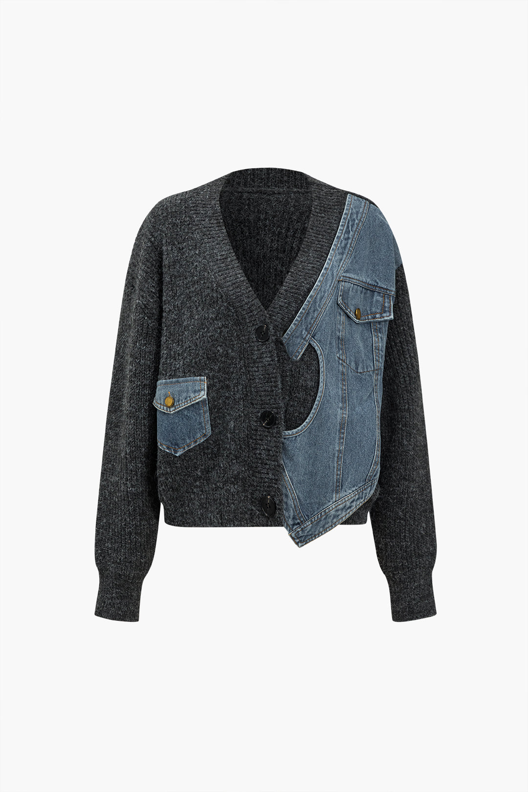 Patchwork Denim Örgü Renkli Blok Düğmeli Asimetrik Cepli Hırka