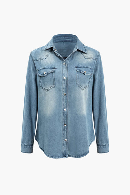 Katı Denim Düğmeli Cepli Gömlek