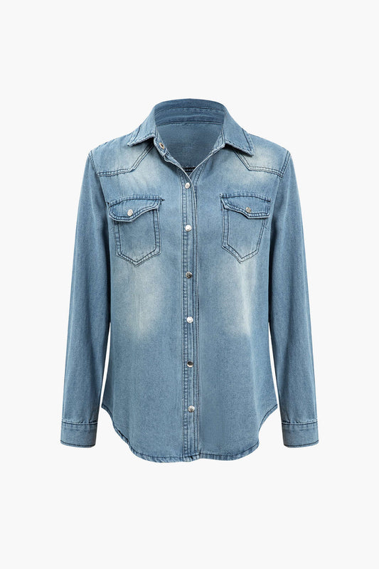 Katı Denim Düğmeli Cepli Gömlek