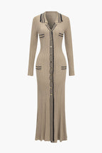 Renk Bloklu Desenli Örgü Düğmeli Metalik Cepli maksi Elbise