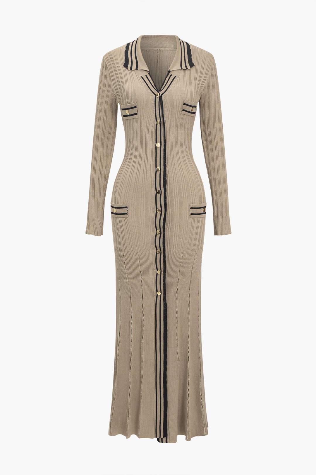 Renk Bloklu Desenli Örgü Düğmeli Metalik Cepli maksi Elbise