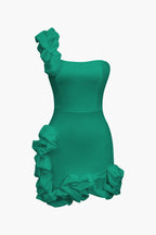 Tek Omuzlu Fırfırlı Mini Elbise