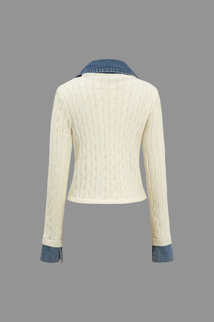 Örgü Patchwork Denim Uzun Kollu Üst