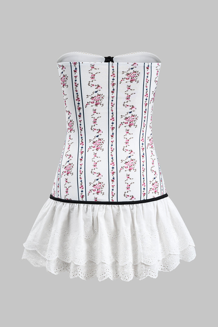 Çiçek Desenli Patchwork Büzgülü Bağcıklı Straplez Mini Elbise