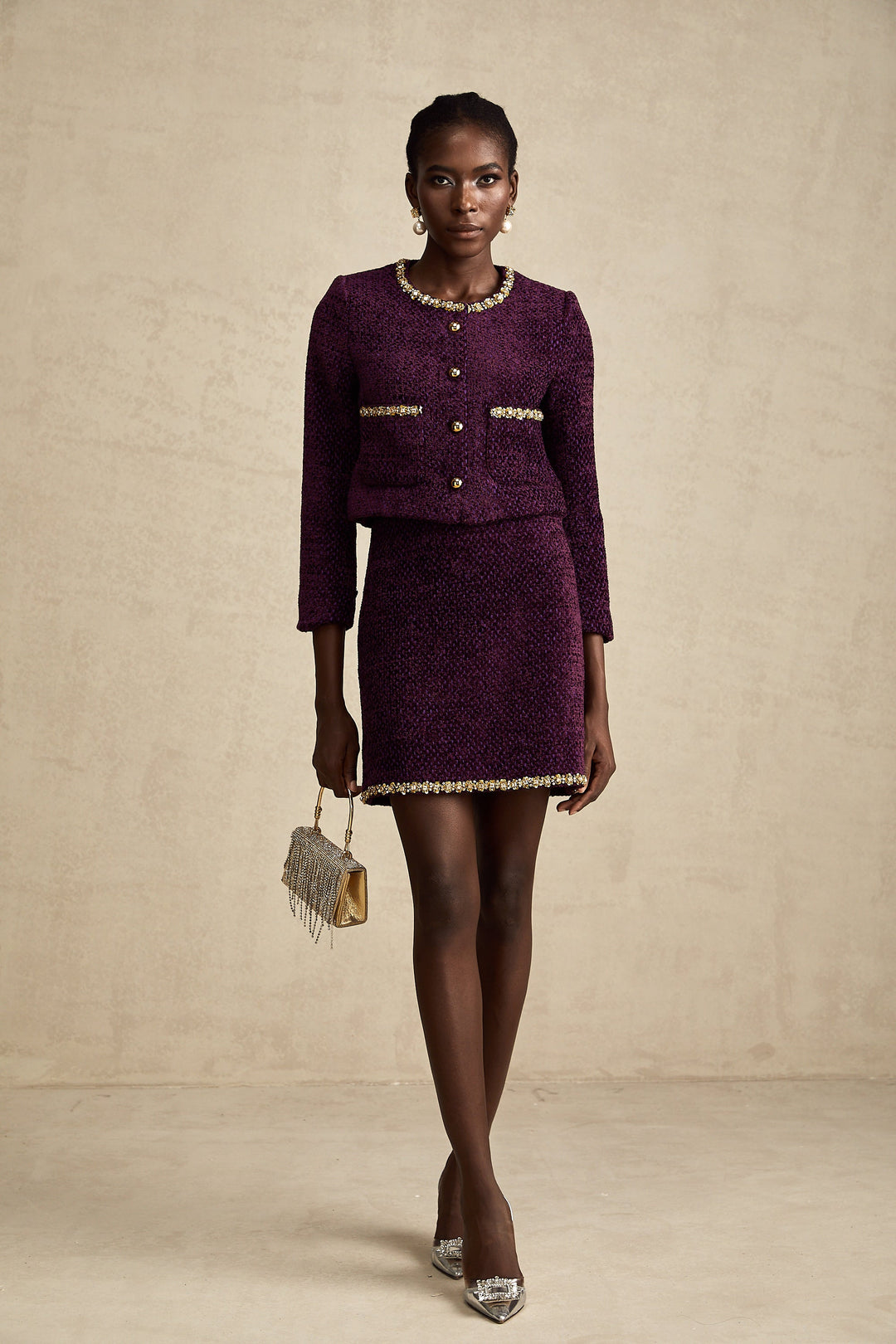 Elise Mor Kristal Süslemeli Tweed Ceket ve Etek Takımı