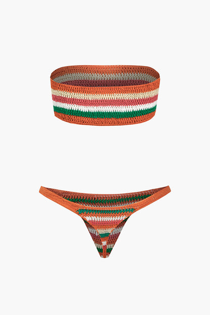 Gökkuşağı Desenli Şeritli Tığ İşi Bikini Takımı