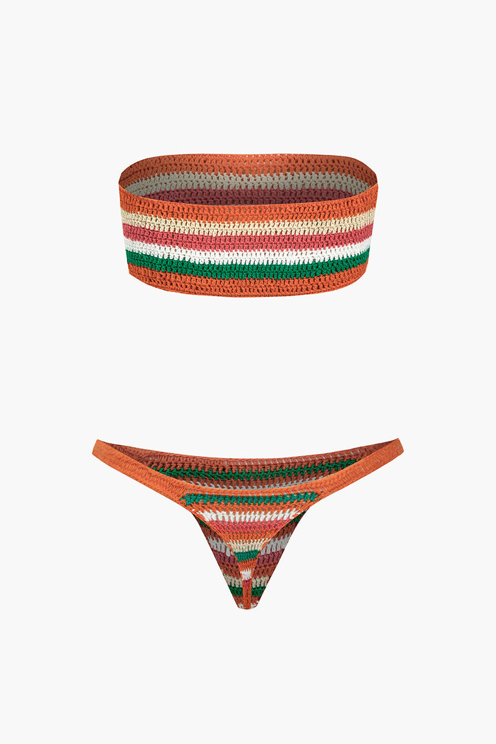 Gökkuşağı Desenli Şeritli Tığ İşi Bikini Takımı