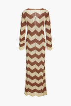 Renk Bloklu Desenli Örgü Kesilmiş Bağlamalı maksi Elbise