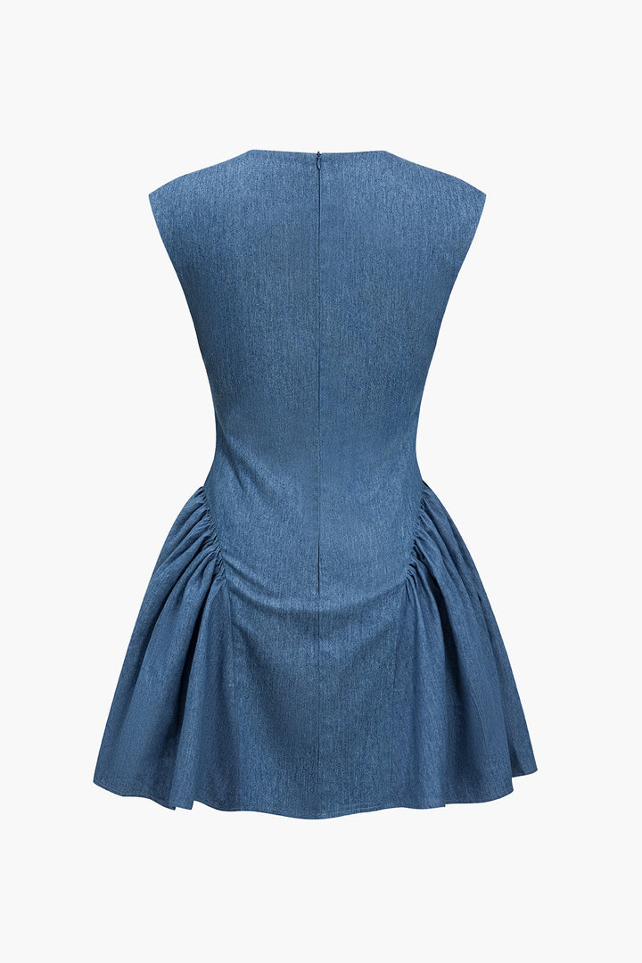 Düz Dantelli V Yaka Denim Elbise