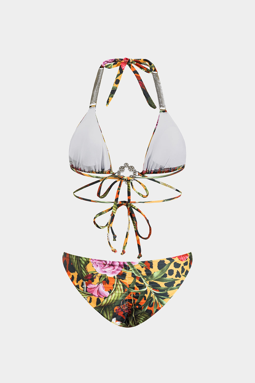 Tropikal Desenli Strass Detaylı Askılı Bikini Takımı